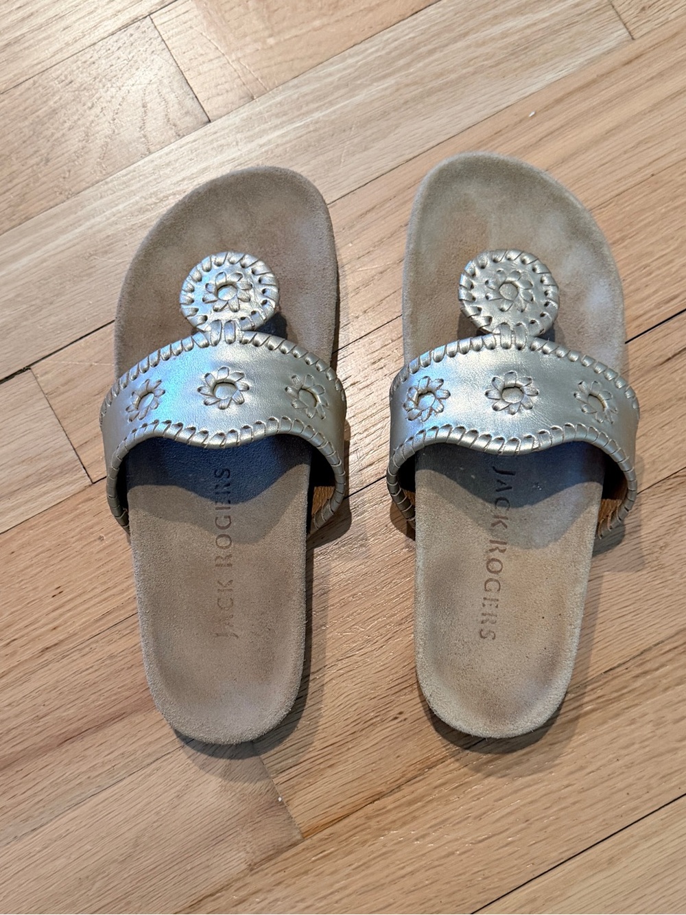 Jack Rogers Comfort Platinum Leather Slide Sandals with Medallions size 5.5